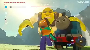 Steve pelea contra Shrek con ayuda de Thomas el tren