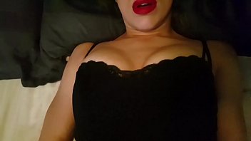 Couples delight, skinny big titted misses takes fat headed cock deep while wearing slutty red lipstick, c.,head over the bed cumshot in her mouth and on her tits