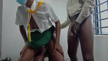 Two black hard cock teachers take turns as they fuck a bad college girl making her tiny legs to shake at the end