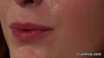 Horny bombshell gets cumshot on her face swallowing all the jizz